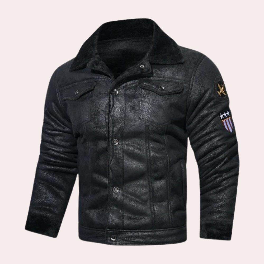 Winter Leather Jacket | Warm | Fleece Lined | Aviator Jacket | Men's Pilot Jacket -Bomber Jackets-Chaps London-Black-M-Chaps London