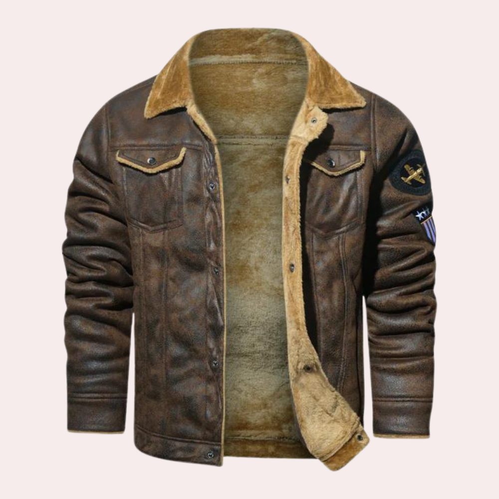 Winter Leather Jacket | Warm | Fleece Lined | Aviator Jacket | Men's Pilot Jacket -Bomber Jackets-Chaps London-Brown-M-Chaps London
