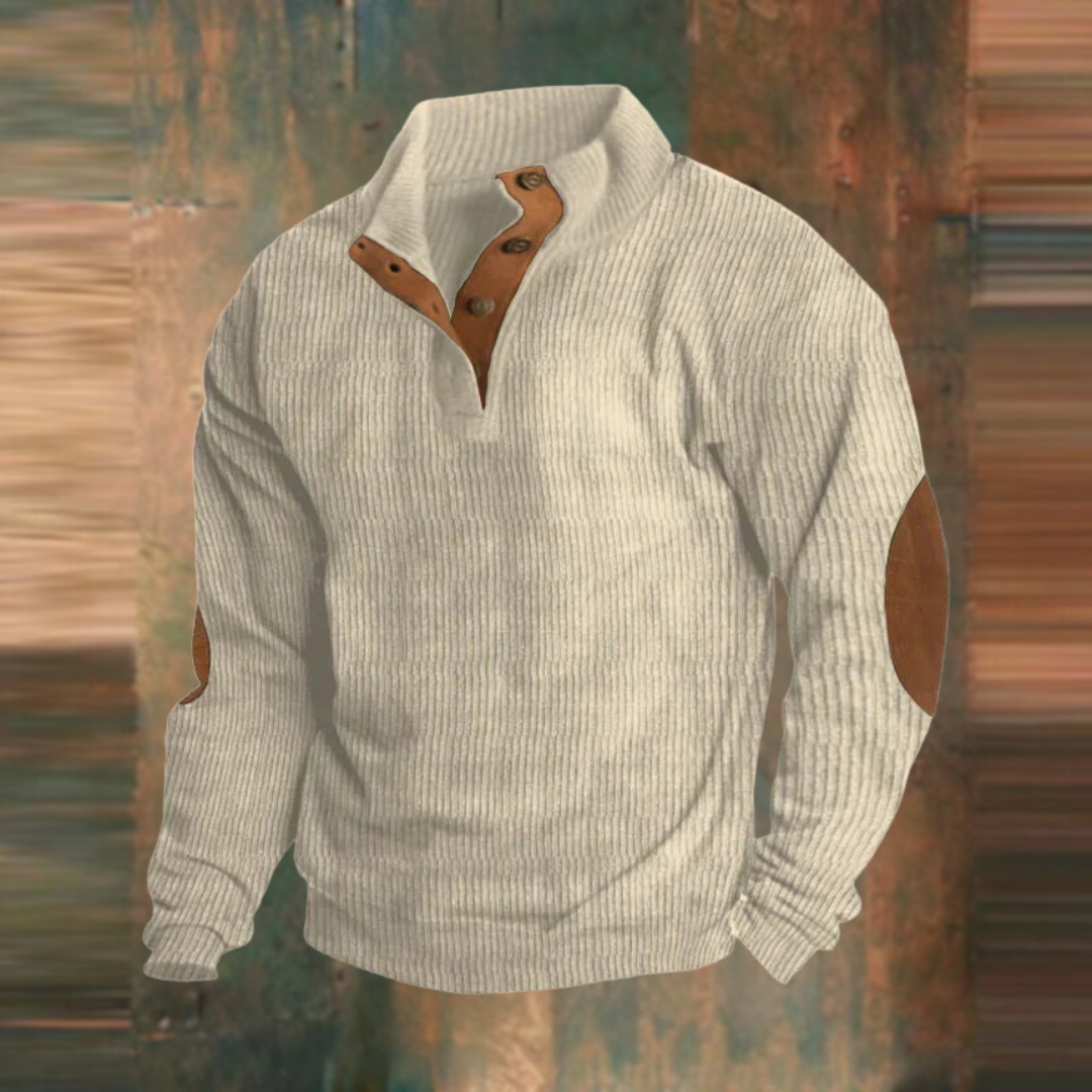 Winter Pullover - Men's Warm Button Neck Pullover Sweater with Elbow Patches-Men's Pullover Sweater-Chaps London-Beige-S-Chaps London