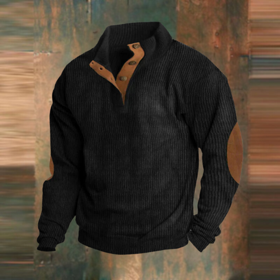 Winter Pullover - Men's Warm Button Neck Pullover Sweater with Elbow Patches-Men's Pullover Sweater-Chaps London-Black-S-Chaps London
