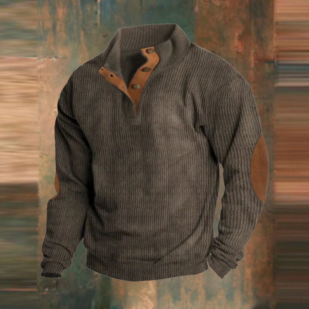 Winter Pullover - Men's Warm Button Neck Pullover Sweater with Elbow Patches-Men's Pullover Sweater-Chaps London-Brown-S-Chaps London