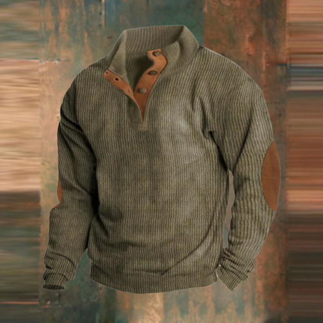 Winter Pullover - Men's Warm Button Neck Pullover Sweater with Elbow Patches-Men's Pullover Sweater-Chaps London-Green-S-Chaps London