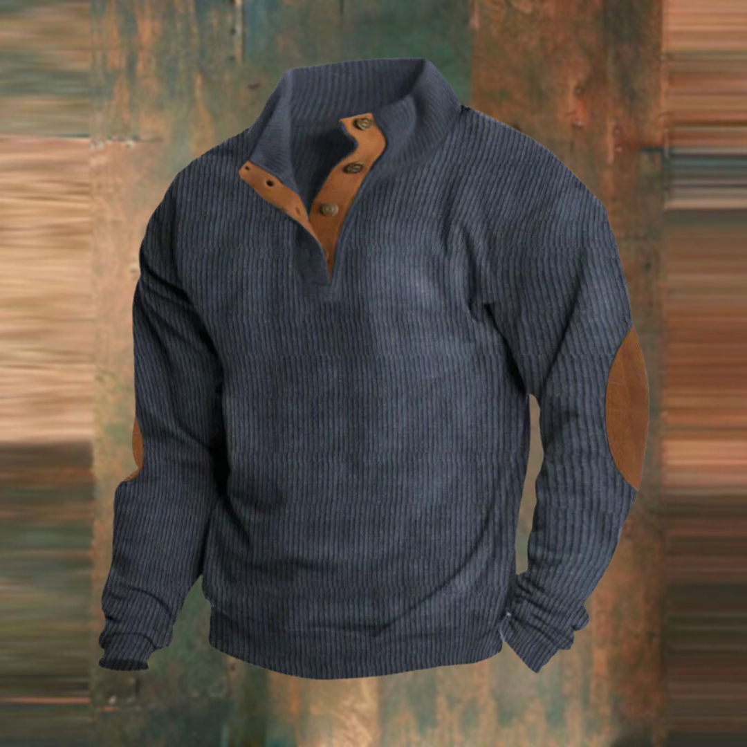 Winter Pullover - Men's Warm Button Neck Pullover Sweater with Elbow Patches-Men's Pullover Sweater-Chaps London-Navy Blue-S-Chaps London