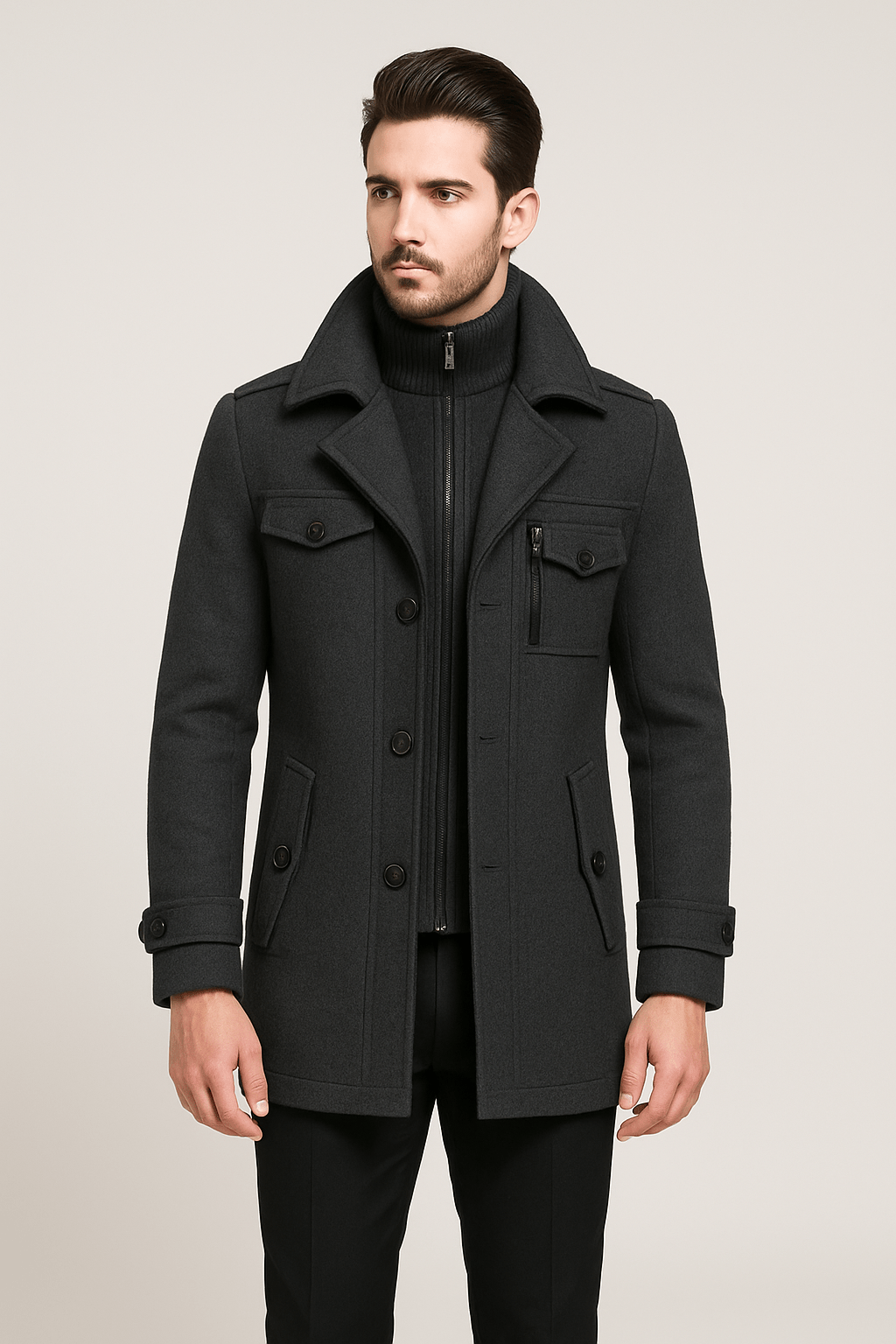 Wool Jacket | Double Layer | Single Breasted | Winter Trench Coat | Men's Winter Jacket -Trench Coats-Chaps London-Chaps London