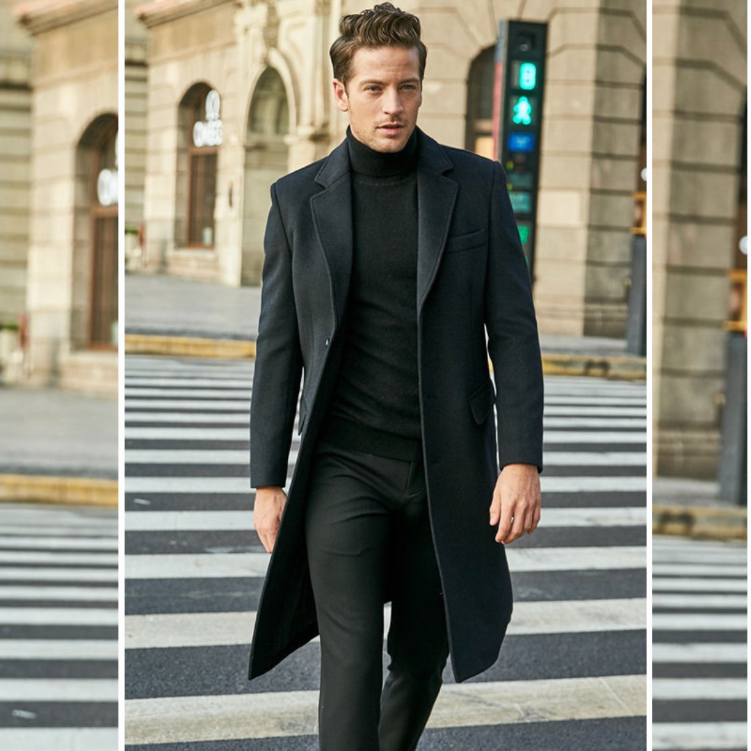 Wool Trench Coat - Men's Stylish Long Single Breasted Trench Coat-Men Coat-Chaps London-Black-S-Chaps London