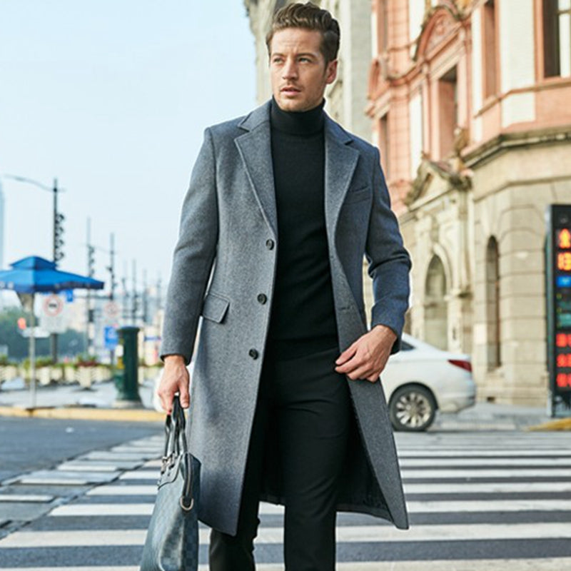 Wool Trench Coat - Men's Stylish Long Single Breasted Trench Coat-Men Coat-Chaps London-Gray-S-Chaps London