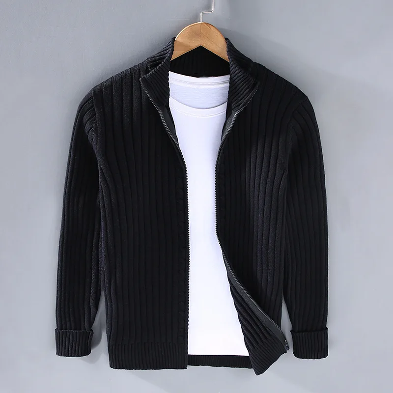 Zip Cardigan - Men's Comfy Long Sleeve Ribbed Knit Cardigan-Cardigan-Chaps London-Black-M-Chaps London