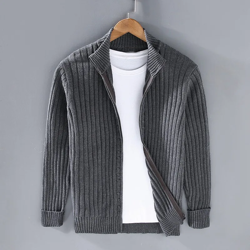 Zip Cardigan - Men's Comfy Long Sleeve Ribbed Knit Cardigan-Cardigan-Chaps London-Dark Grey-M-Chaps London