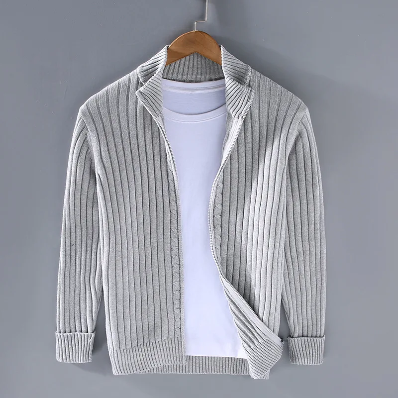 Zip Cardigan - Men's Comfy Long Sleeve Ribbed Knit Cardigan-Cardigan-Chaps London-Grey-M-Chaps London