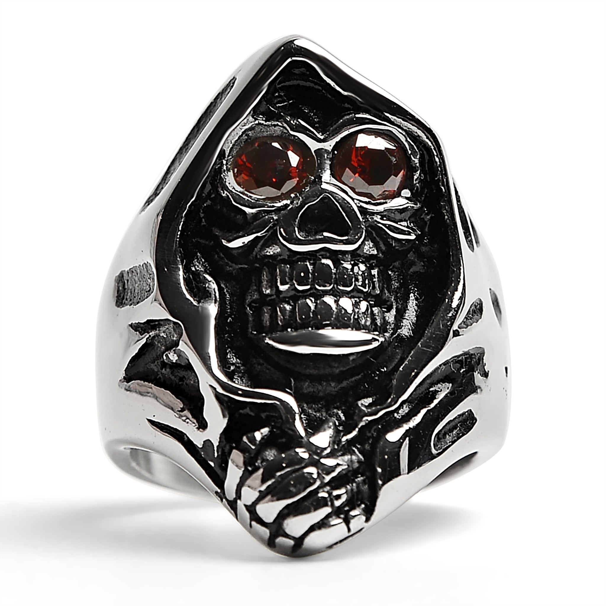 Silver skull ring with red gemstone eyes, shown flat | Chaps London