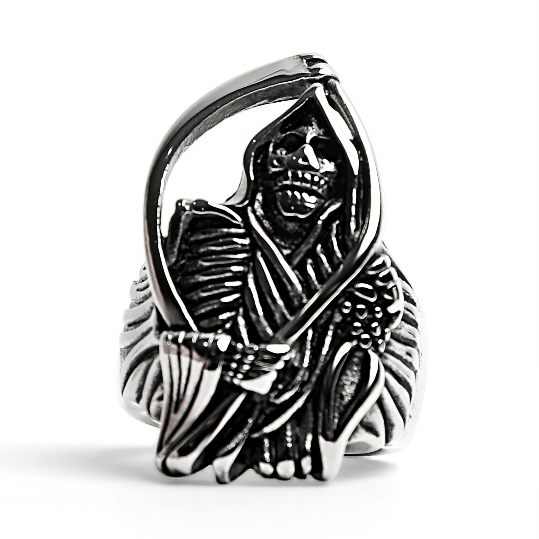 Silver-toned grim reaper ring with scythe, flat product shot | Chaps London
