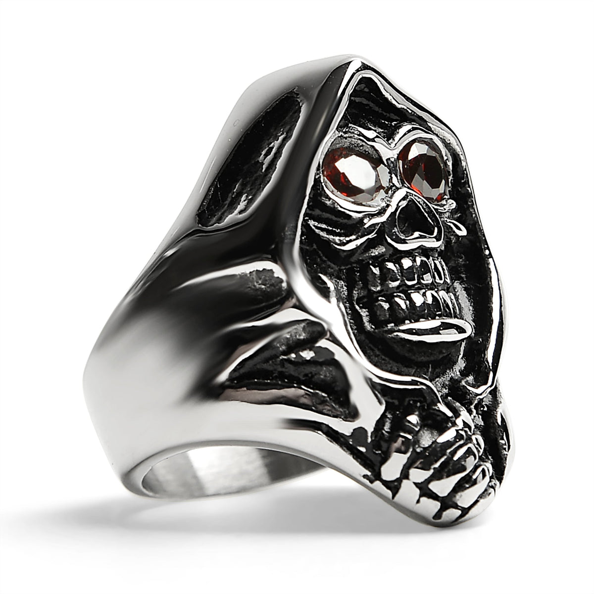 Silver ring with hooded grim reaper skull design, red eyes, shown flat | Chaps London
