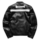 Black faux leather jacket with white stripe, back view, shown flat | Chaps London