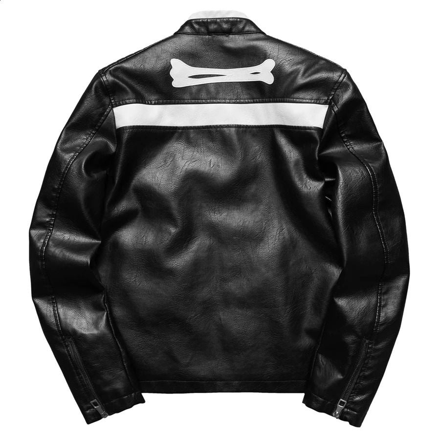 Black faux leather jacket with white stripe, back view, shown flat | Chaps London