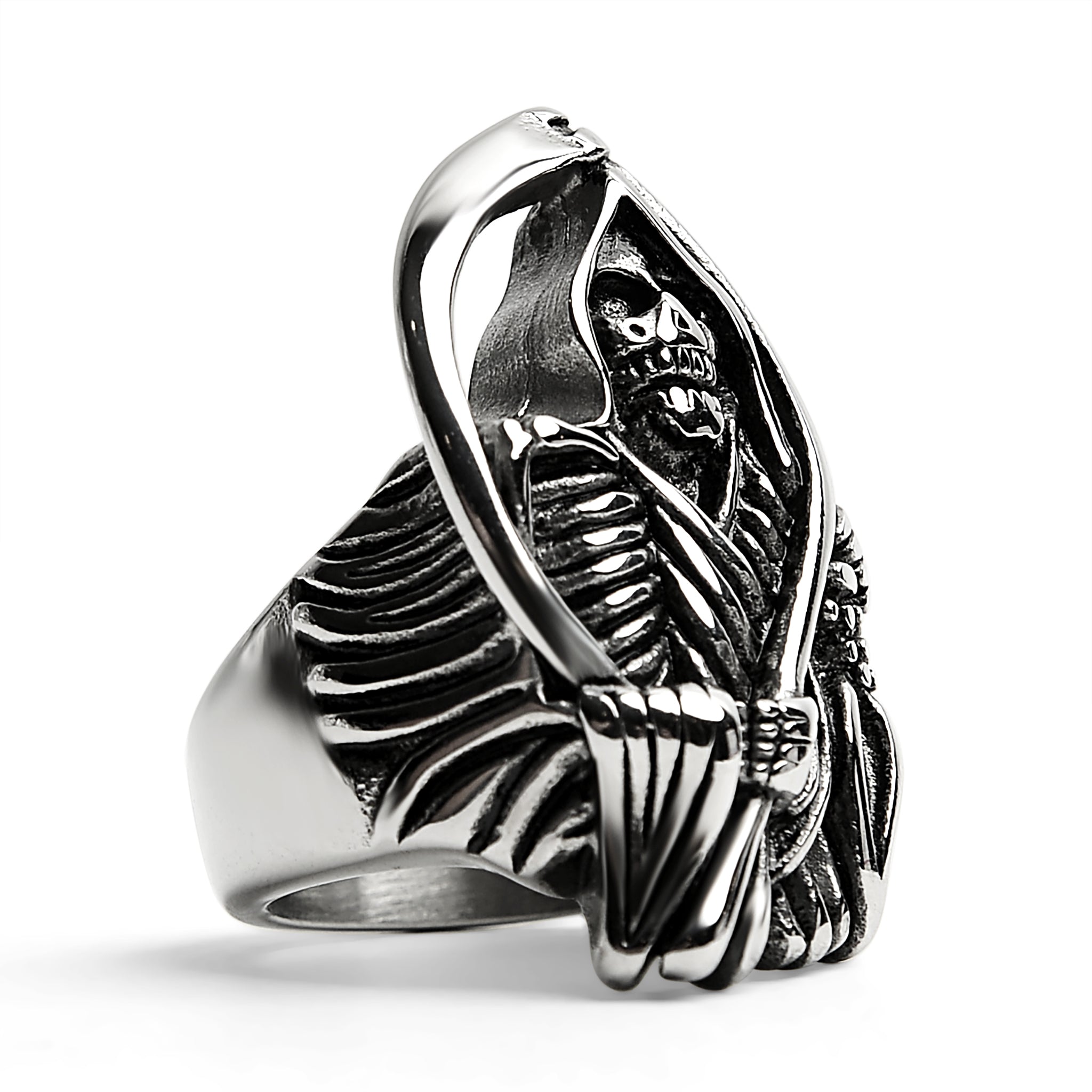 Silver-tone ring featuring detailed grim reaper skeleton design, shown unworn | Chaps London