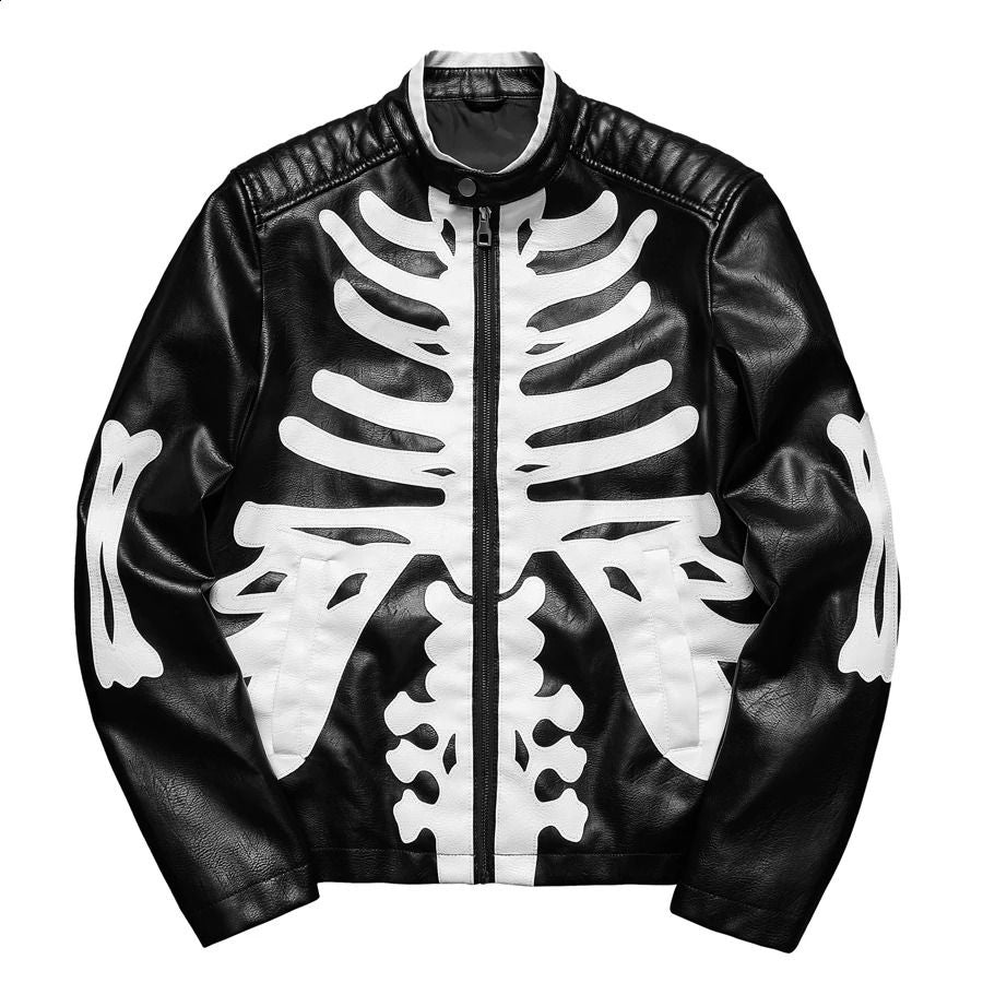 Black faux leather jacket with white skeleton rib bone print, flat lay | Chaps London