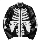 Black faux leather jacket with white skeleton rib bone print, flat lay | Chaps London
