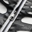 Close-up of silver zipper on black jacket with skeleton bone pattern | Chaps London