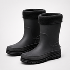 A pair of black insulated rubber rain boots with black fleece cuffs, shown at a three quarter angle on a plain light grey studio background.