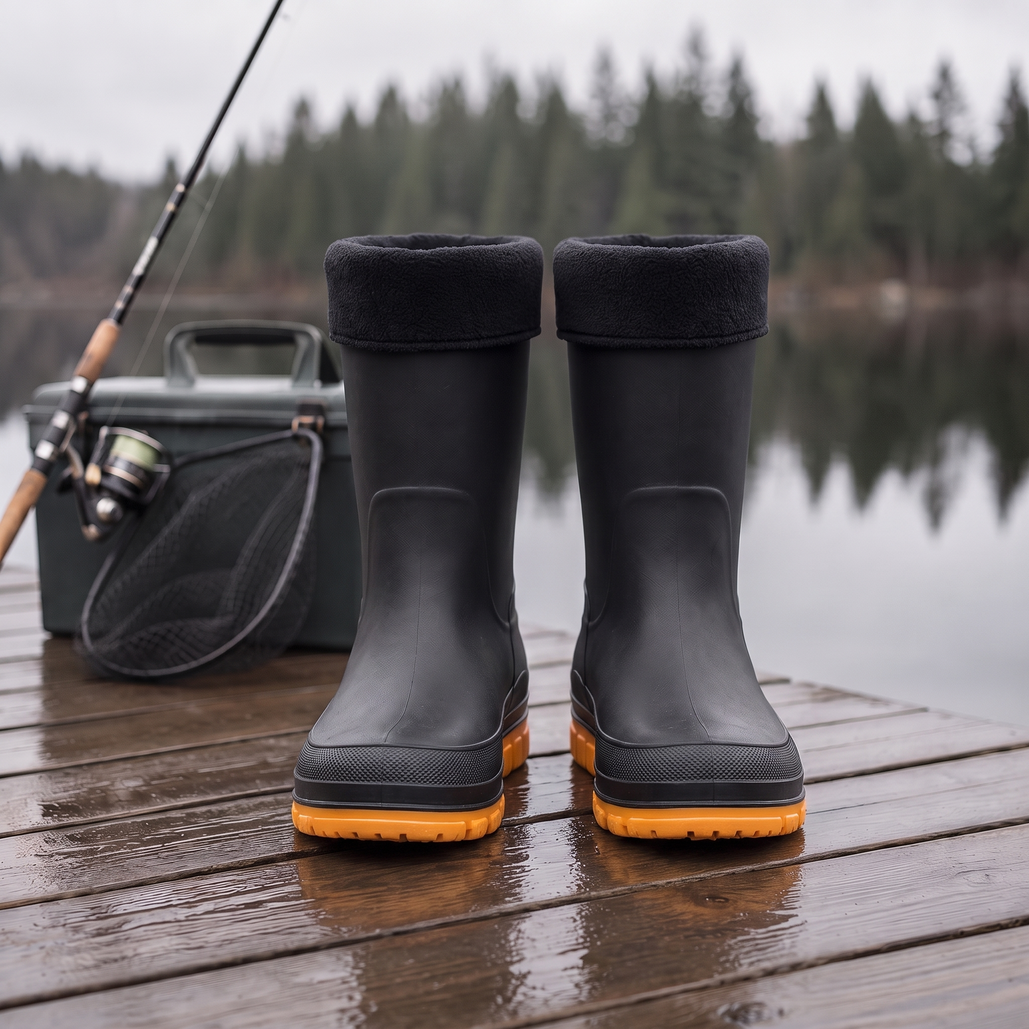 Lifestyle photo of a person standing on a wet wooden dock by a lake wearing black insulated rain boots with fleece cuffs and orange soles, with a fishing rod, landing net and tackle box beside them, front view