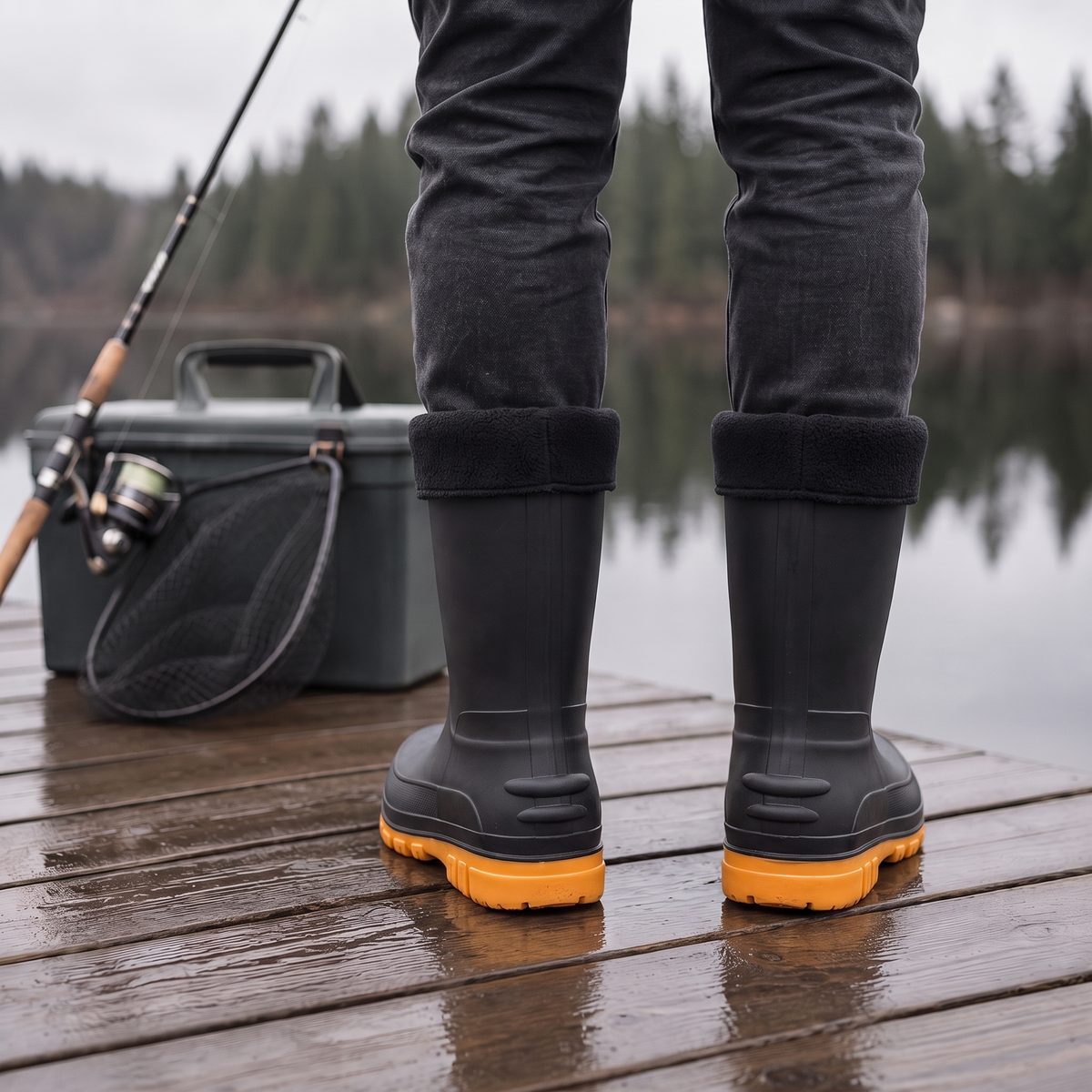 Lifestyle photo of a person standing on a wet wooden dock by a lake wearing black insulated rain boots with fleece cuffs and orange soles, with a fishing rod, landing net and tackle box beside them, back view