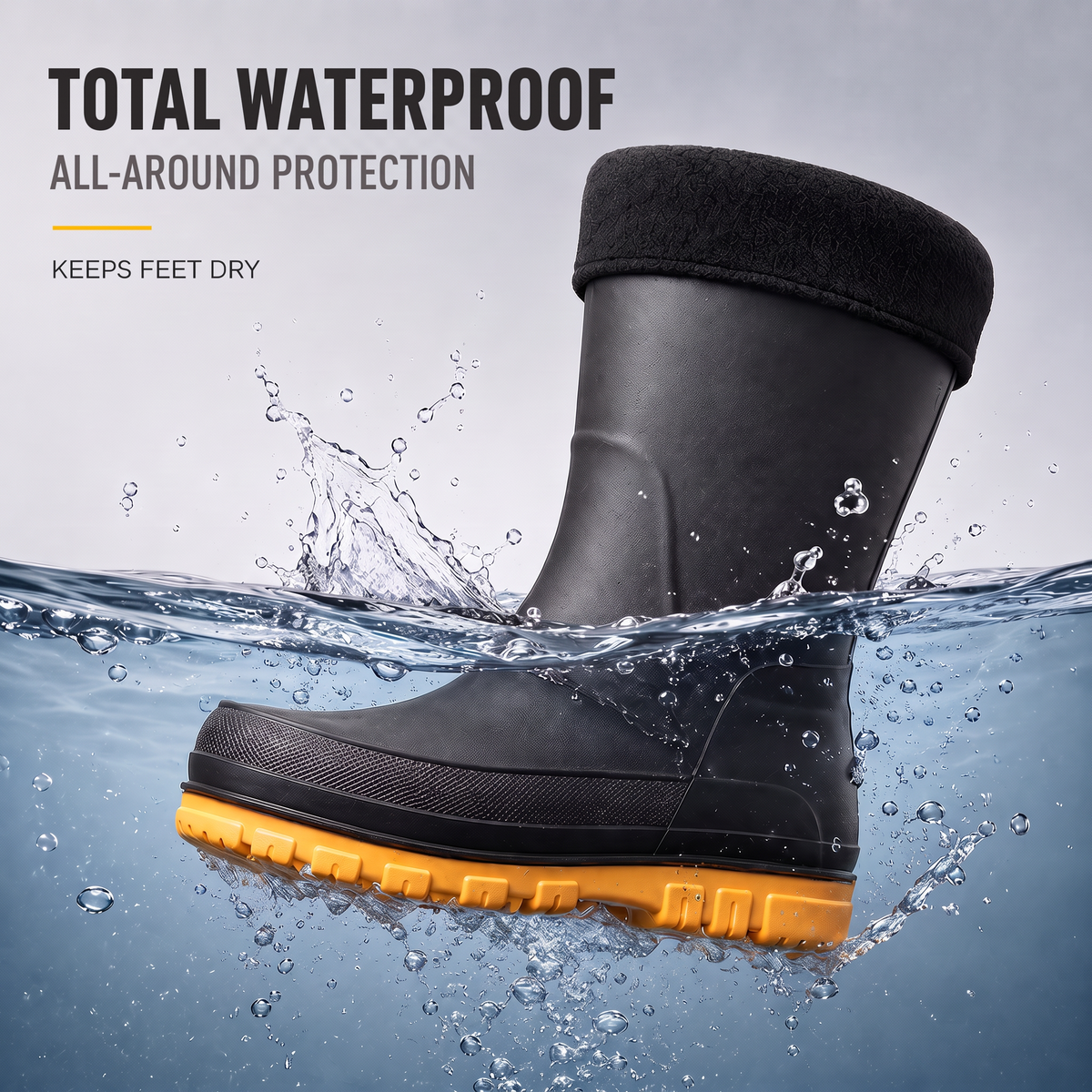 A black insulated rain boot with a black fleece cuff and a yellow lugged sole, shown half submerged in splashing water under English feature text.