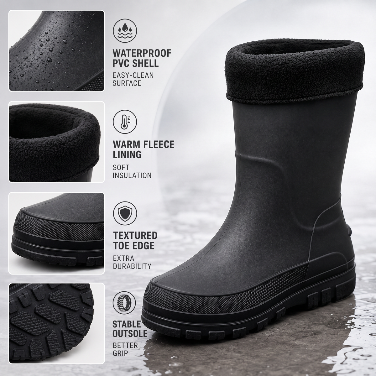 Feature panel showing a black PVC rain boot with a black fleece cuff on a wet surface, with four detail close-ups and English feature callouts.