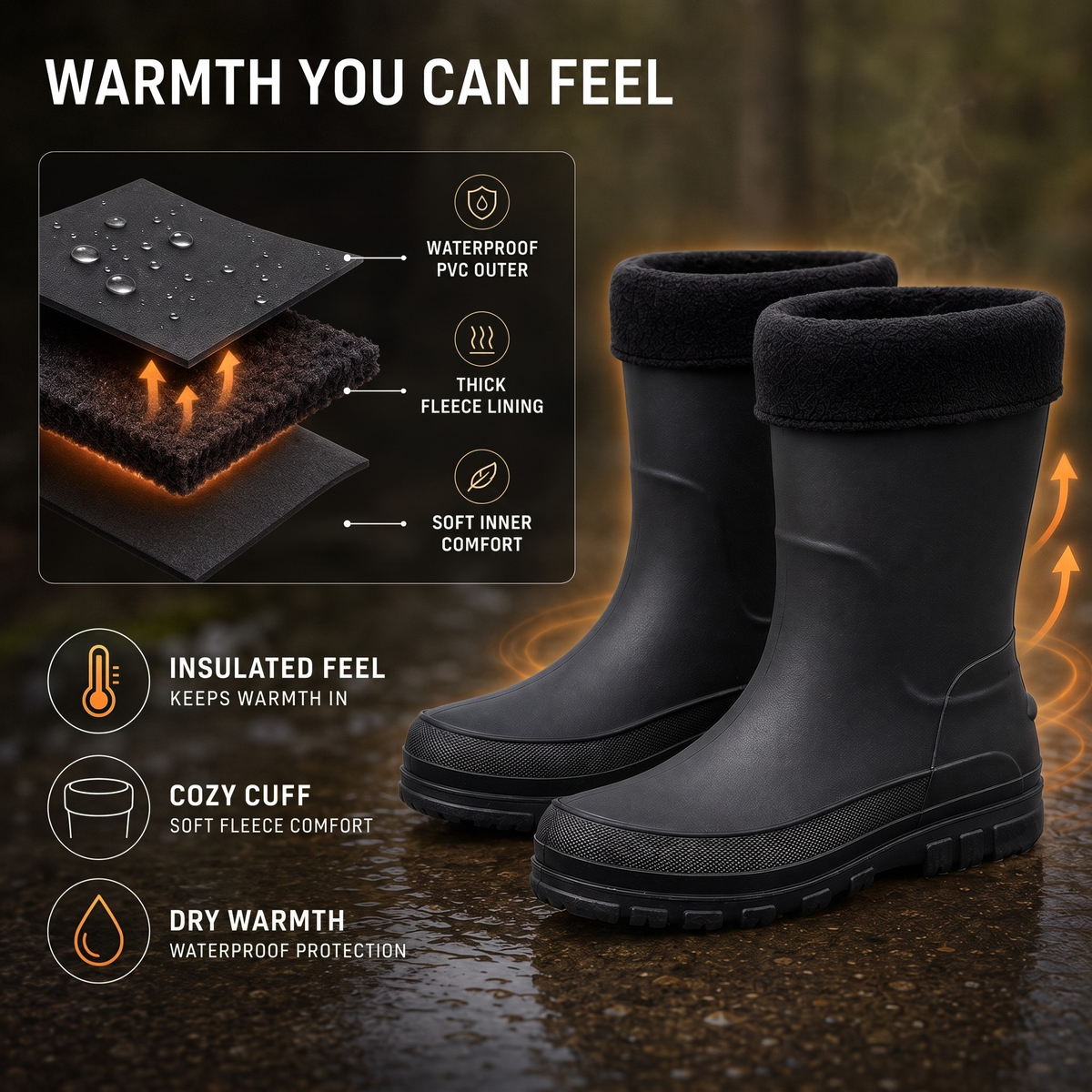 Feature panel infographic for a pair of black PVC rain boots with a black fleece cuff, standing on a wet outdoor surface, with a layered material diagram and feature callouts.
