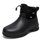 A black ankle rain boot with a smooth rubber lower, a black fabric collar with an elastic toggle lace and pull tab, and a chunky lugged sole, shown on a white background.