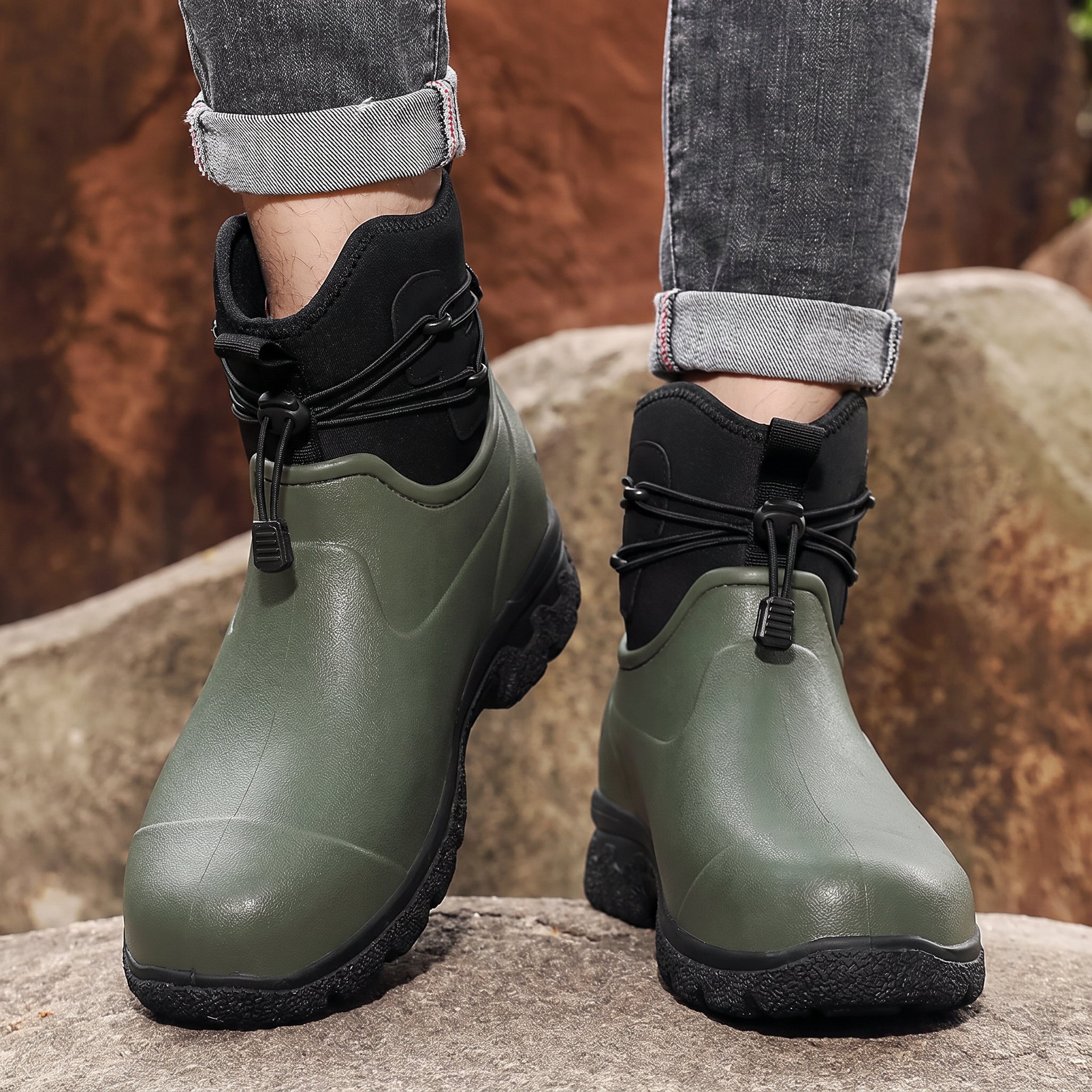 A person in rolled grey jeans stands on rocks outdoors wearing a pair of olive green rubber ankle boots with black neoprene cuffs, elastic toggle laces and thick black lug soles, front view