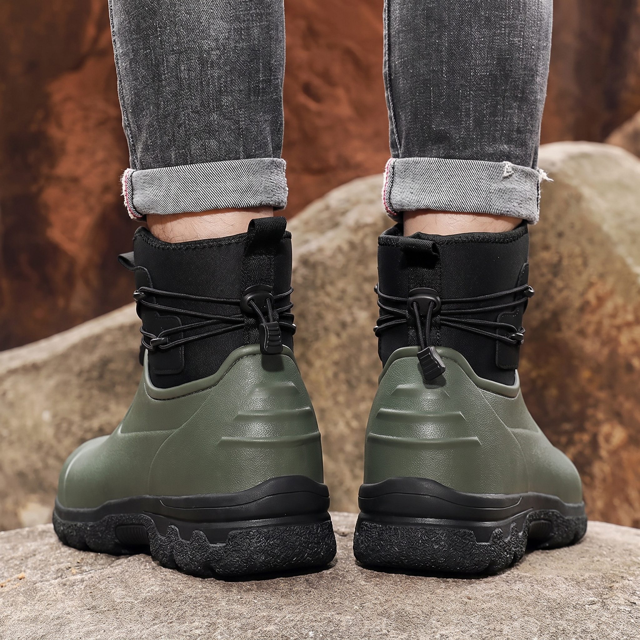 A person in rolled grey jeans stands on rocks outdoors wearing a pair of olive green rubber ankle boots with black neoprene cuffs, elastic toggle laces and thick black lug soles, back view