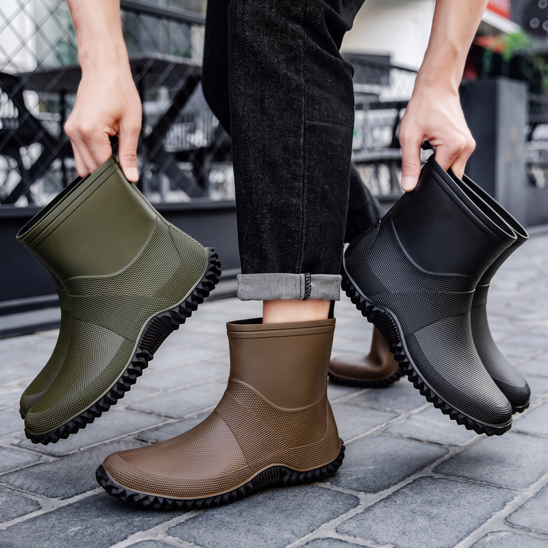 Men's rubber ankle boots in green, brown and black