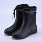 Black short rain boots with drawstring cuff, shown as a pair | Chaps London