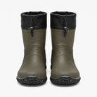 Olive green ankle wellington boots with black drawcord collar, front view pair | Chaps London