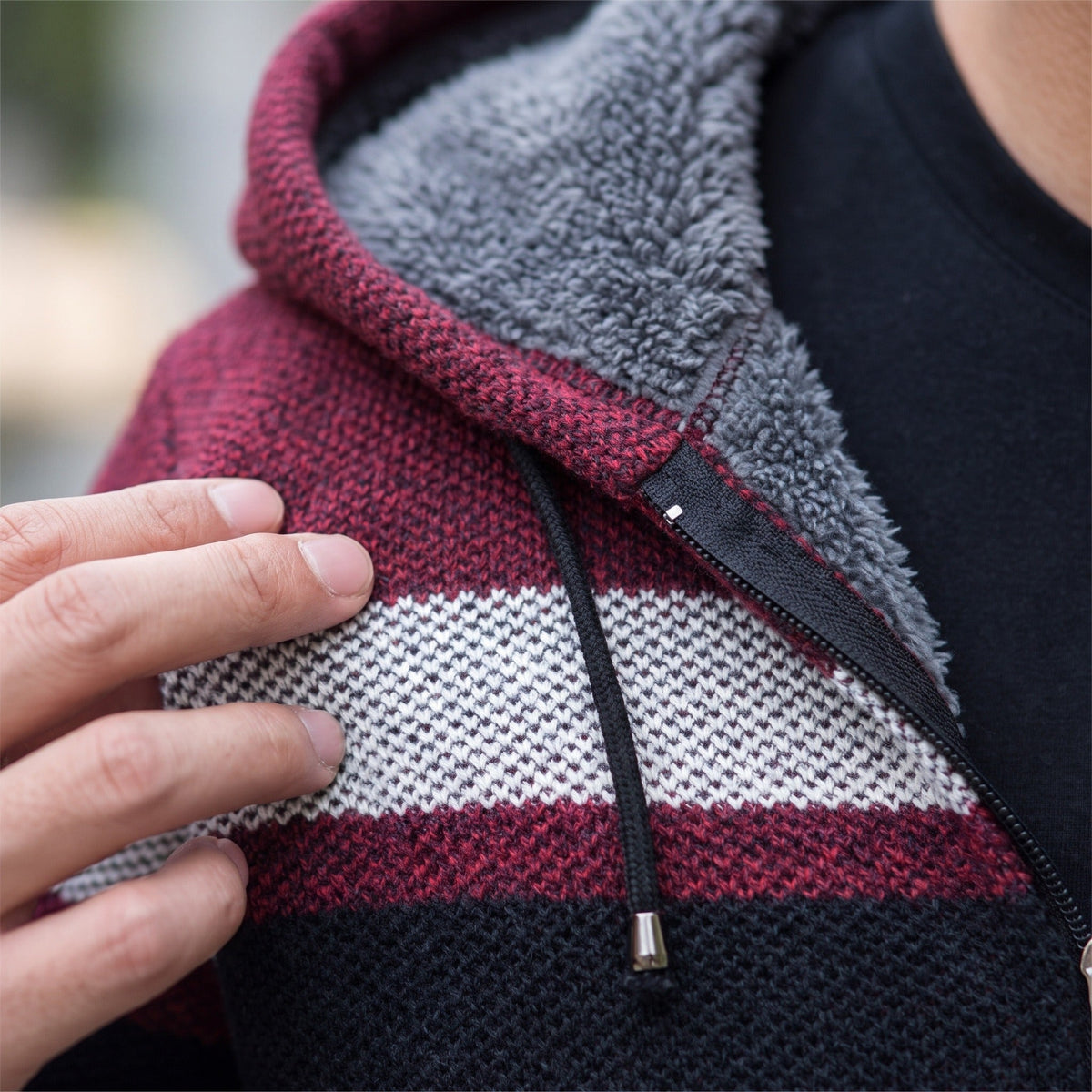 Burgundy and grey striped zip hoodie with fleece-lined hood, worn by person | Chaps London