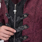 Worn close-up of burgundy jacquard coat with black trim and zipper detail | Chaps London