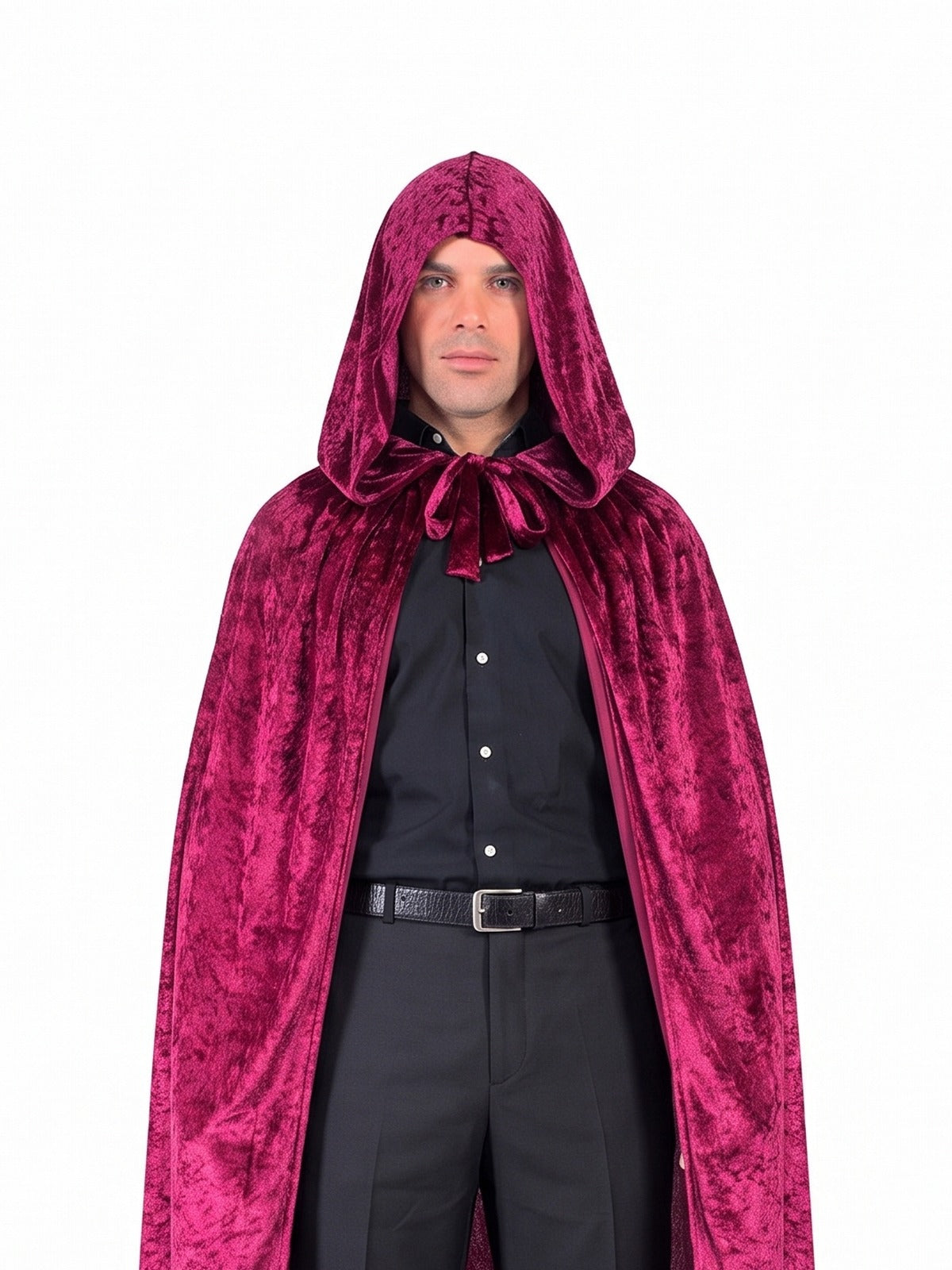Burgundy velvet hood and ribbon tie, close-up