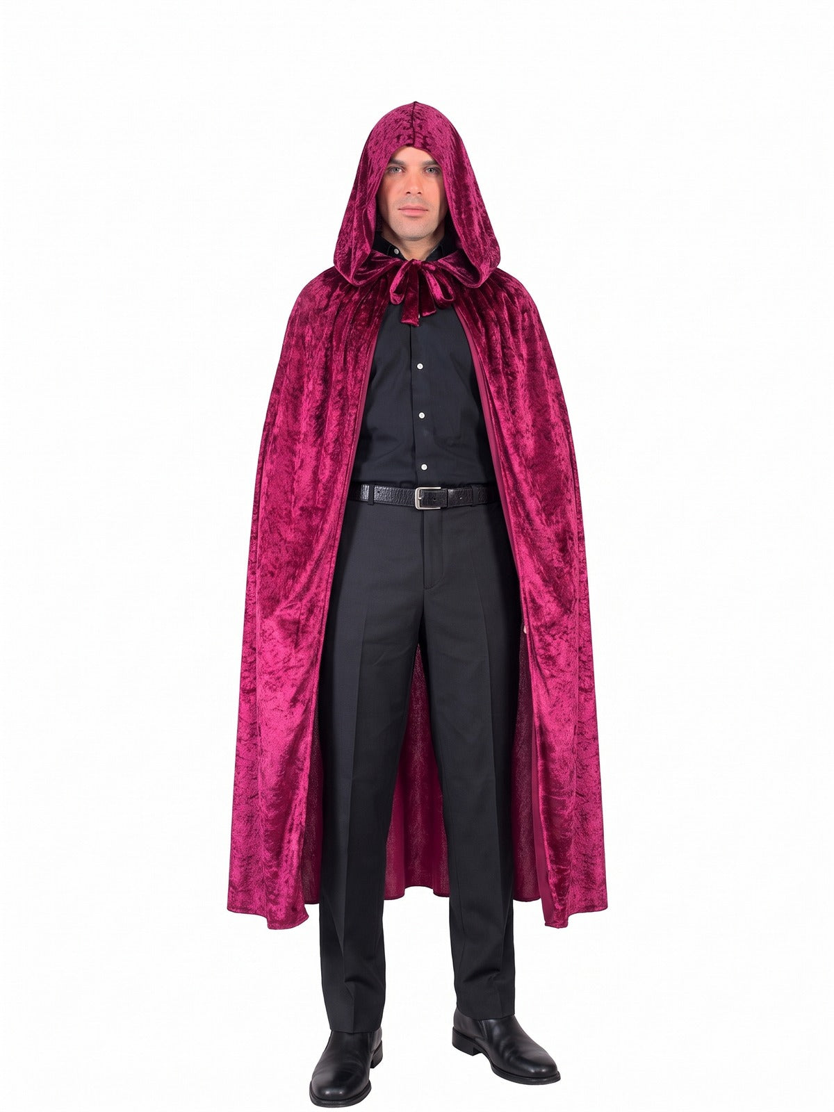 Man wearing the burgundy hooded velvet cape