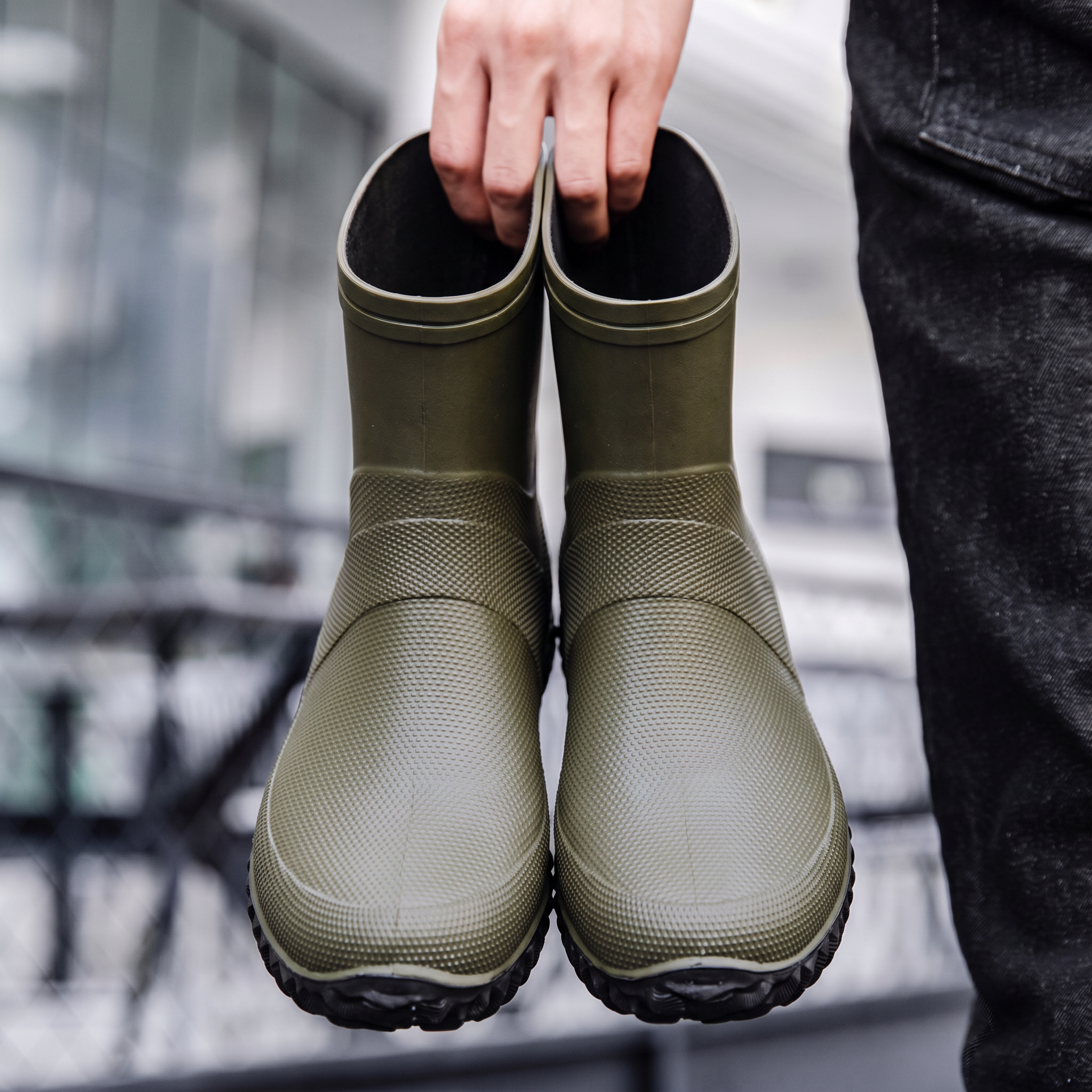 Green rubber ankle boots for men, front view