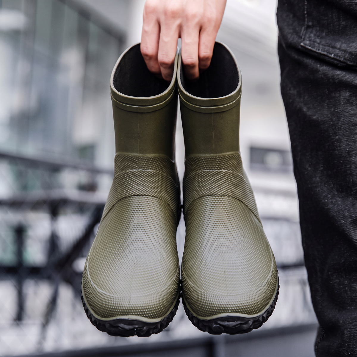 Green rubber ankle boots for men, front view