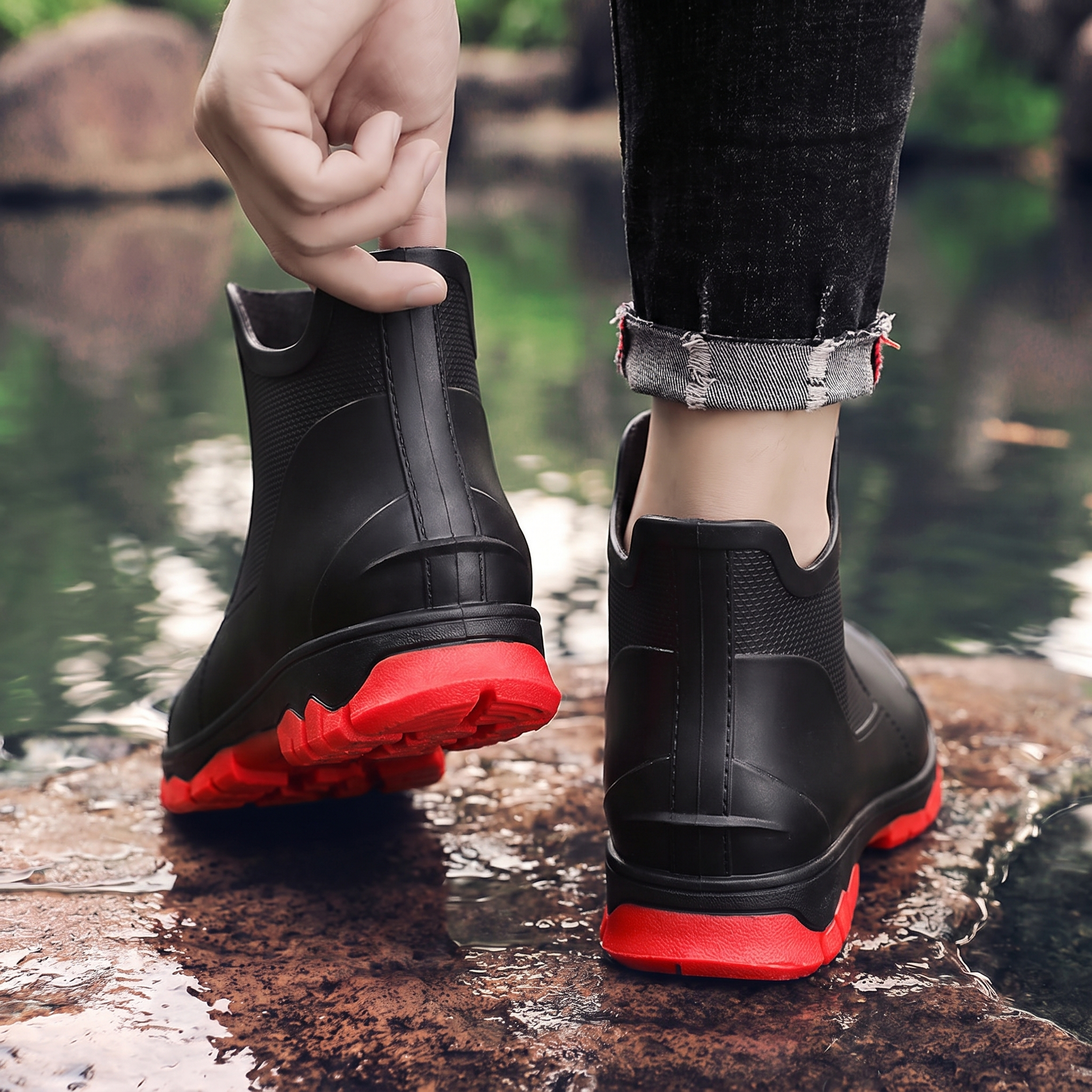 A pair of black ankle rain boots with red soles, one worn on a foot and one held by a hand, photographed outdoors near water, back view