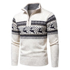 Cream knit half-zip jumper with reindeer Fair Isle pattern and grey inner collar, side view | Chaps London
