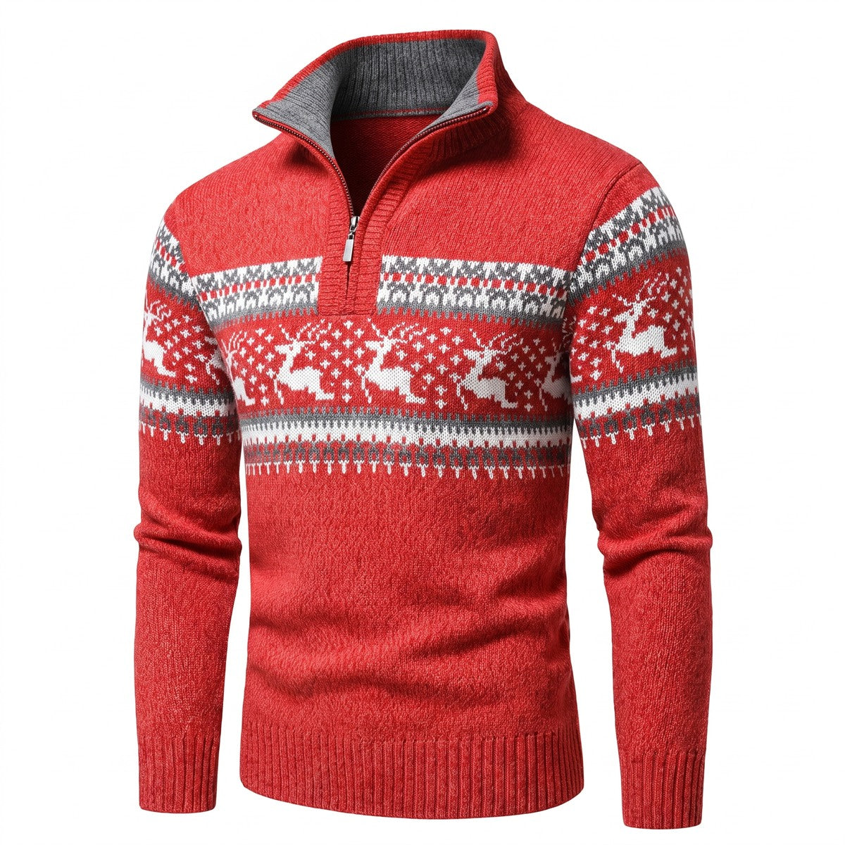 Red knitted half-zip Christmas jumper with grey inner collar and white reindeer Fair Isle band, front view | Chaps London