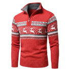 Red knitted half-zip Christmas jumper with grey inner collar and white reindeer Fair Isle band, front view | Chaps London