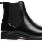 Black faux leather Chelsea boot with elastic side panel, flat lay close-up | Chaps London