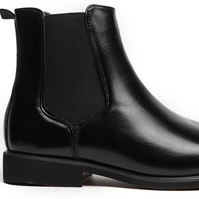 Black faux leather Chelsea boot with elastic side panel, flat lay close-up | Chaps London