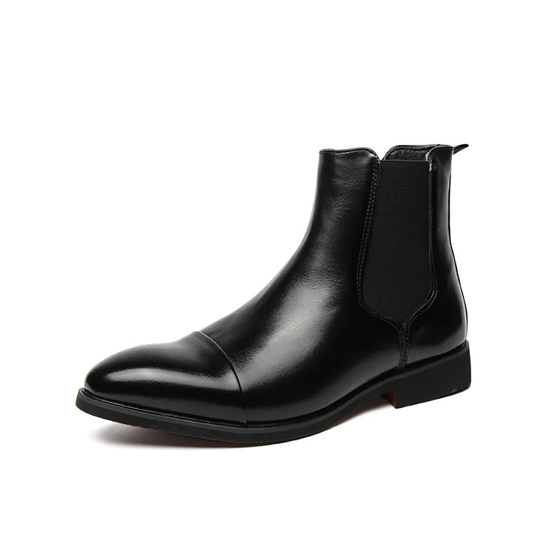 Black faux leather Chelsea boot with elastic side panel, shown standing alone | Chaps London