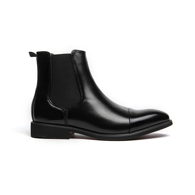 Black faux leather Chelsea boot with elastic side panel, shown flat | Chaps London
