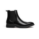 Black faux leather Chelsea boot with elastic side panel, shown flat | Chaps London