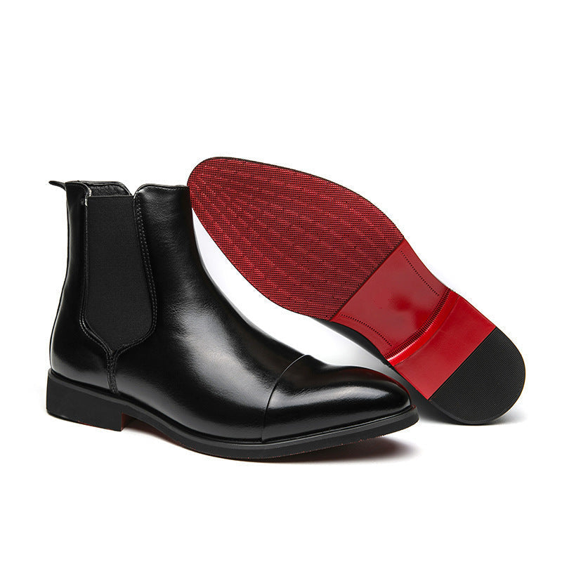 Black faux leather Chelsea boot with red sole, elastic side panel shown | Chaps London